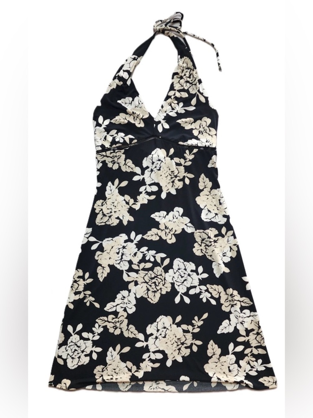 BCBGMaxAzria Black and Cream Floral Halter Dress